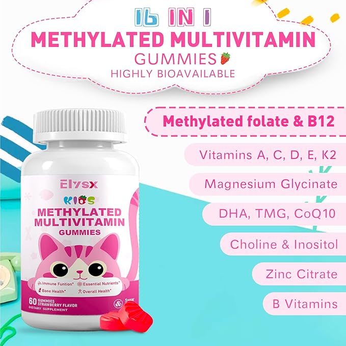 Kids Methylated Multivitamin Chewable Gummies, MTHFR Supplement with L Methylfolate, Magnesium, Biotin, Choline, Inositol, DHA, TMG & Coq 10, Immune & Brain Support, Strawberry Flavor, 60 Ct