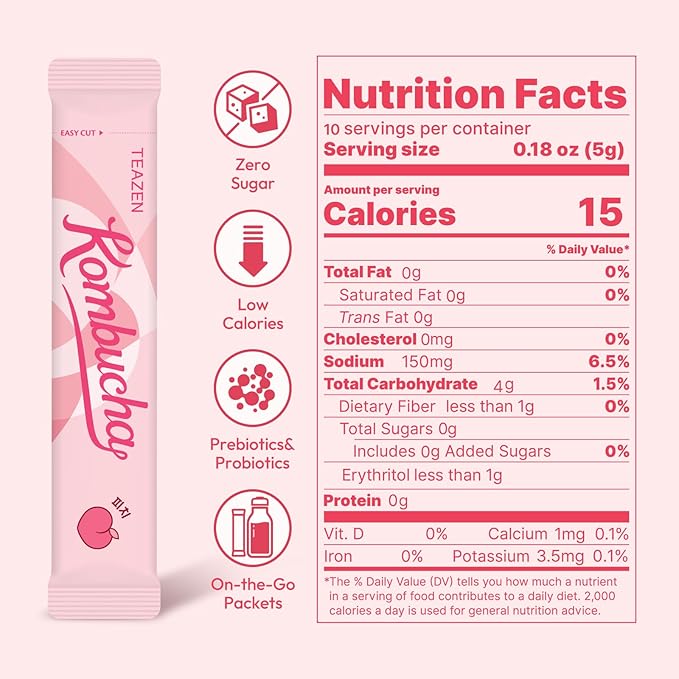 TEAZEN Peach Kombucha Powder, Hydration Drink Mix, Sugar Free, Live Probiotics & Prebiotics, On-the-Go 10 Packets, 1.76oz