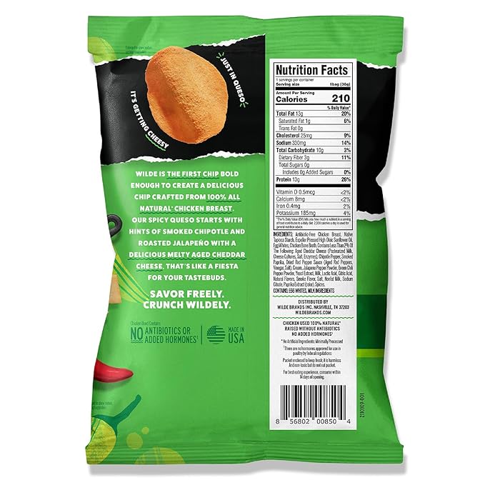 WILDE Protein Chips Spicy Queso, Thin and Crispy High Protein Snacks, Keto Friendly, Low Carb Chips, Real Ingredients, 1.34oz (Pack of 8)