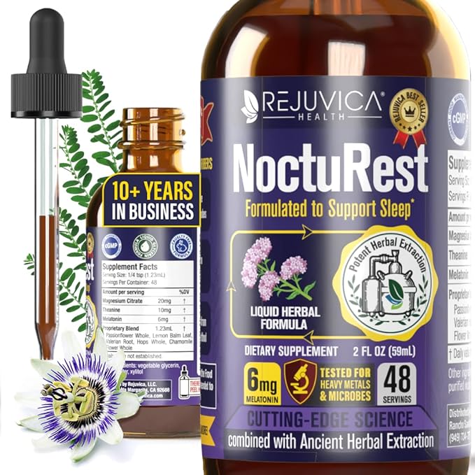 Rejuvica Health NoctuRest Liquid Melatonin Drops for Adults – Natural Sleep Aid with Magnesium, L-Theanine & Valerian Root – Nighttime Sleep Support for Calm & Rest - 2X Absorption Drops - 2 Fl Oz