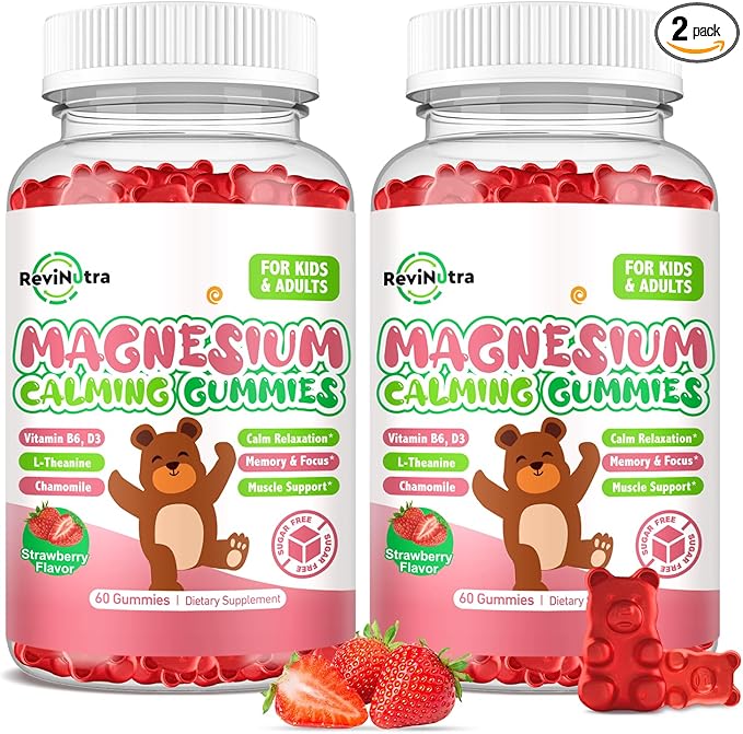 Kids Magnesium Glycinate Gummies, Magnesium Supplement with L-Theanine, Vitamin B6, D3 for Kids & Adults, Calm Magnesium for Sleep Relaxation,Brain,Bones,Sugar Free Strawberry 120ct