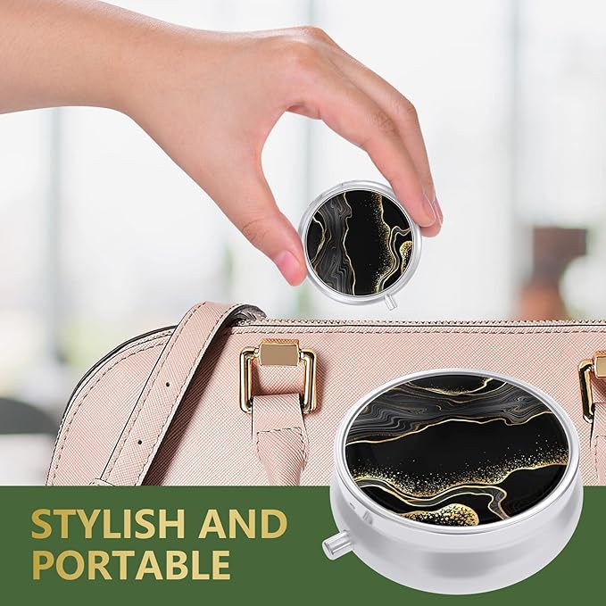 Nipichsha Pill Box, Small Pill Case for Purse & Pocket, Cute Travel Medicine Organizer, Portable Medicine Container Holder to Hold Vitamins, Medication, Fish Oil & Supplement, Luxury Black Marble