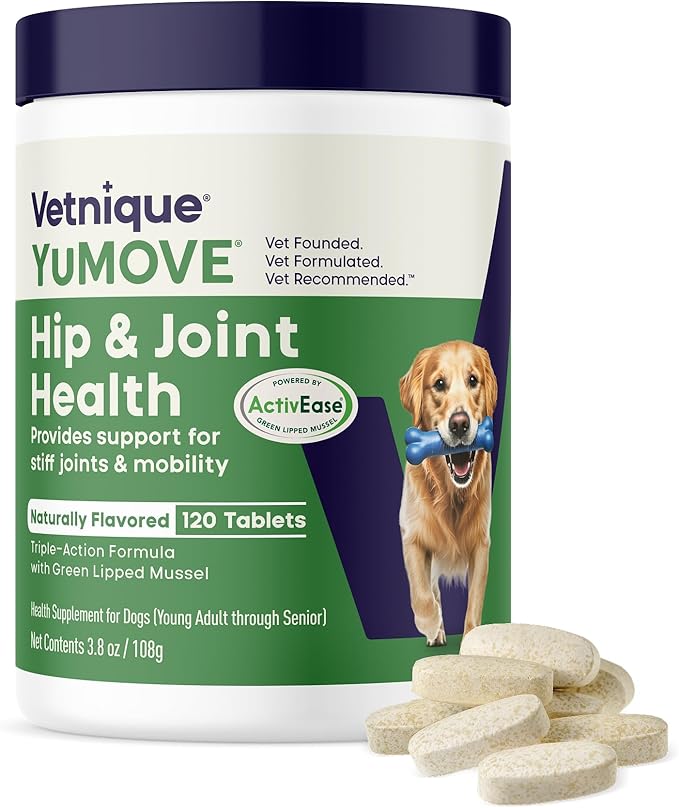 YuMOVE Hip & Joint Supplement for Dogs with Glucosamine, Hyaluronic Acid, Green Lipped Mussel & Omega 3 Joint Supplement - Regular or Advanced Strength (120 Count, Chewable Tablets)