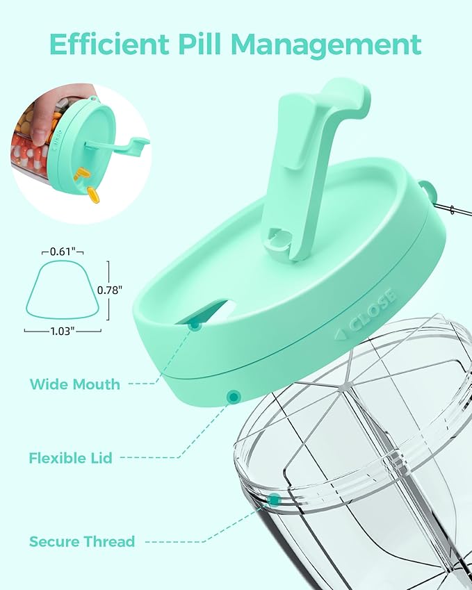 AMOOS Cute Pill Dispenser with 7 Large Compartments, Portable Pill Bottle Organizer with Wide Opening for Easy Use, Anti-Mix Pill Organizer for Travel, BPA-Free Pill Container, Green