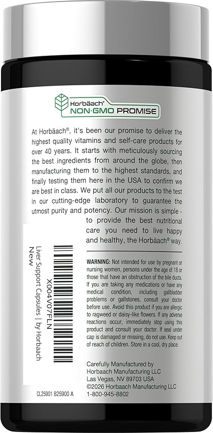 Horbäach Liver Support | 600 mg Milk Thistle | 90 Vegetarian Capsules | Herbal Detox Formula | Non-GMO, Gluten Free