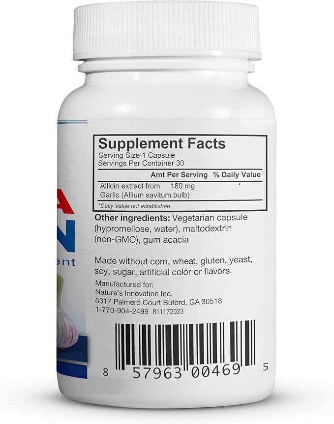 Allicin Supplement 100% Stabilized from Garlic, Odor-Controlled Extract, 180,000mcg (180mg) Non-GMO, Gluten-Free, Vegan, Supplement for Heart Health and Immune Support (30 Count)