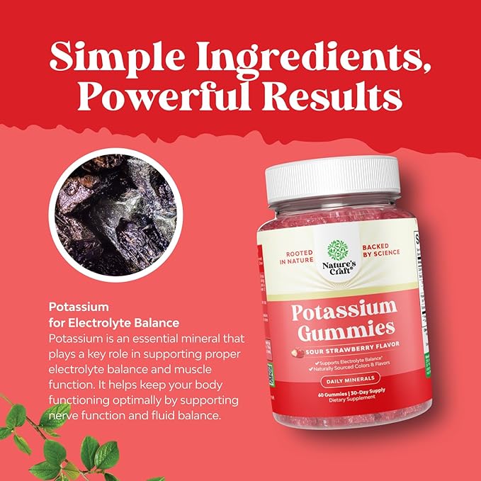 High Potency Potassium Gummies for Adults - Powerful Potassium Supplement Gummies for Optimal Health - Delicious Strawberry-Flavored - Vegan - 60 Count - 3 Pack