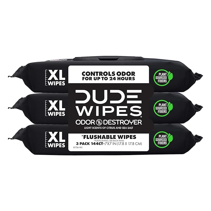 DUDE Wipes Odor Destroyer Flushable Wipes - Extra-Large Adult Wet Wipes - 3 Pack (144 Count) - Deodorizing, Lightly Scented, Controls Odor for up to 24 Hours - Septic and Sewer Safe