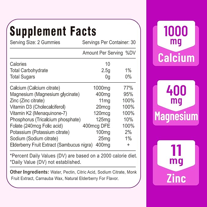 Calcium Magnesium Zinc Gummies with Vitamin D3 and K2, High Absorption Magnesium Glycinate Potassium for Immune and Muscles, Vegan Elderberry Flavor 60 Gummies