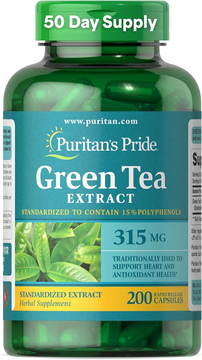 Puritan's Pride Green Tea Standardized Extract 315mg, Dietary Herbal Supplement for Antioxidant Health Support, EGCG, 3 Month Supply, 200 Rapid Release Capsules