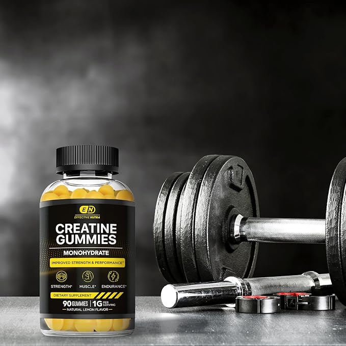 Effective Nutra Creatine Monohydrate Gummies - 1g Creatine per Gummy - Vegan Muscle & Strength Supplement for Men & Women - Supports Muscle Growth, Energy, Endurance - Lemon Flavor, Made in USA (90ct)