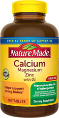 Nature Made Calcium Magnesium Zinc with Vitamin D3, Dietary Calcium Supplement for Bone Support, 300 Tablets