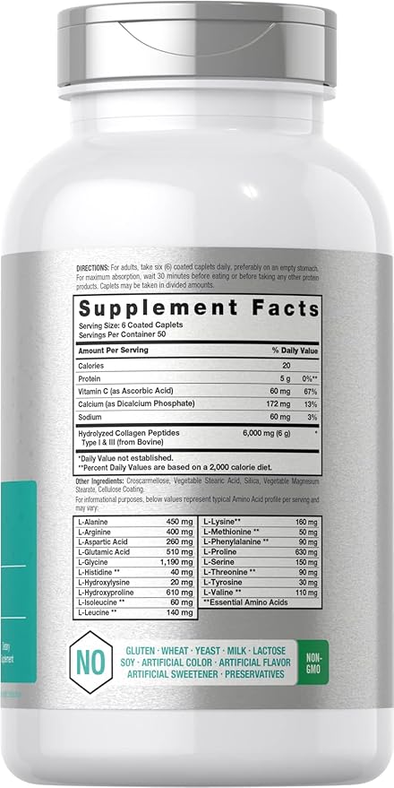 Horbäach Collagen Peptides 6000mg | 300 Caplet Pills | with Vitamin C | Hydrolyzed Collagen Supplement | Non-GMO, Gluten Free