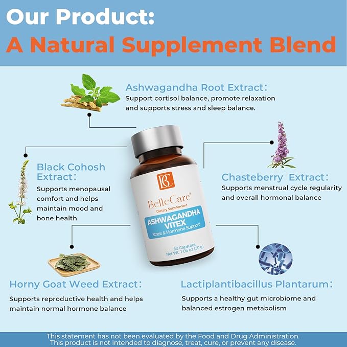 BELLECARE Hormone Balance Capsules for Women, Cortisol Supplements, Female Menopause Supplement with Ashwagandha 600mg Per Serving,Chaste Berry,Black Cohosh for Stress, Mood, Sleep Support,60 Count