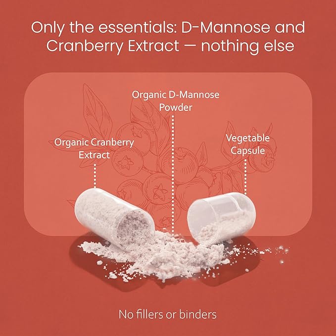 NaturaLife Labs Organic D-Mannose 1300 mg with Organic Cranberry Extract 100 mg per Serving – 100 Capsules – Non-GMO, Gluten-Free, Vegan