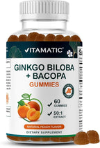 Vitamatic Ginkgo Biloba & Bacopa Gummies – Plant-Based Botanical Extract – Natural Peach Flavor – Vegan, Non-GMO, Gluten-Free – Herbal Supplement – 60 Count