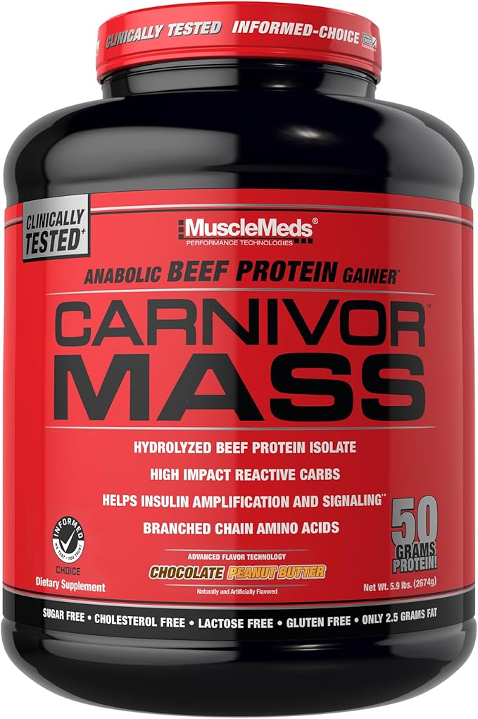 MuscleMeds CARNIVOR Mass Gainer Beef Protein Isolate Shake, 50 Grams Protein, 125 Grams Carbs, 0 Fat, 0 Sugar, Lactose Free, Halal Certified, Chocolate Peanut Butter, 6 Pound
