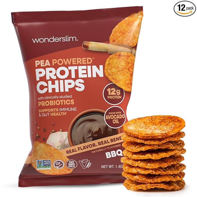 Wonderslim Protein Chips with Probiotics, BBQ | 12g Plant Protein, 170 Cal | High Protein Chips, Vegan, Gluten Free, Non-GMO | Made with Avocado Oil, No Seed Oils | 12 Pack