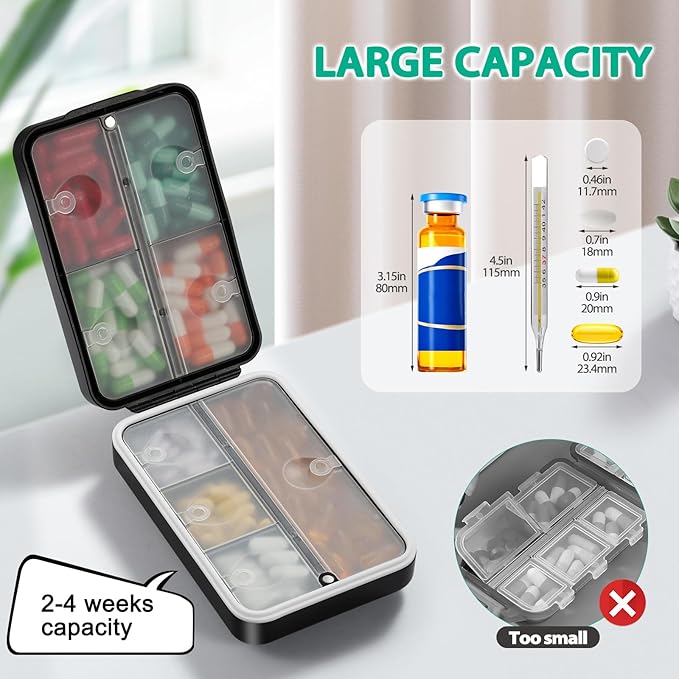 Travel Pill Organizer, Pill Organizer Travel with Labels and Storage Bag, 8 GRIDS Large Travel Pill Box, Moisture-Proof Airtight Daily Pill Case for Vitamin, Medicine, Fish Oil/Supplements, Black
