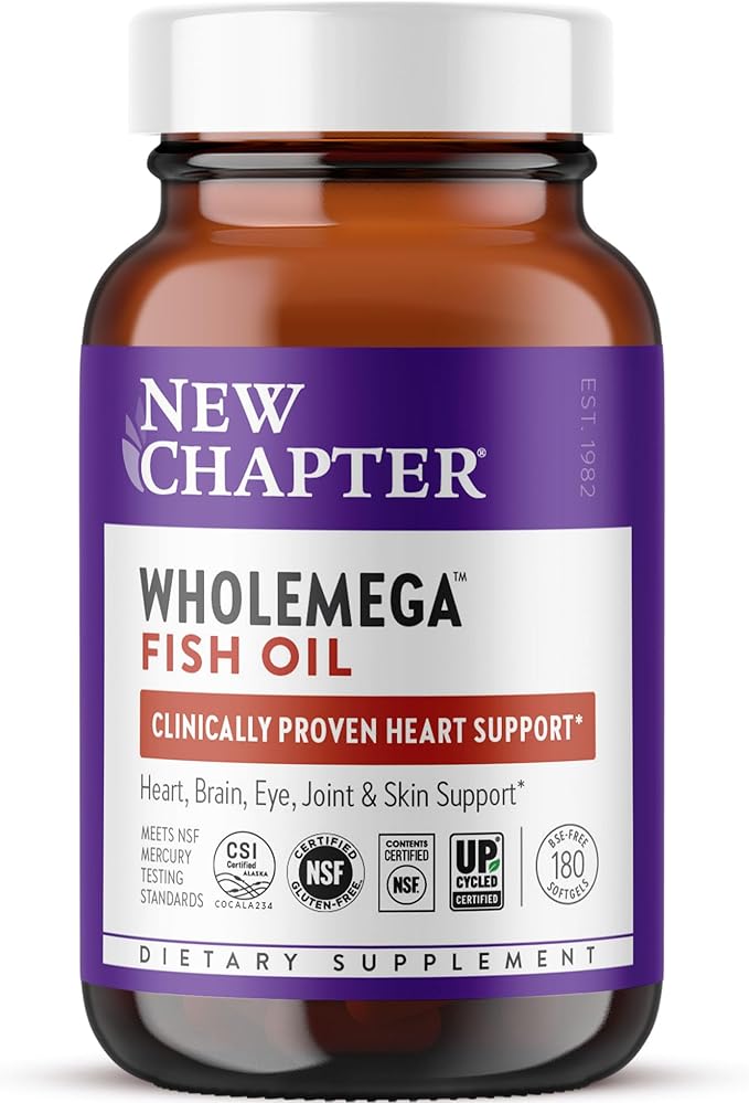 New Chapter Wholemega Fish Oil Supplement - 2000mg per Serving, Clinically Proven Wild Alaskan Salmon Oil with Omega-3 + Vitamin D3 + Astaxanthin, 180 Softgels