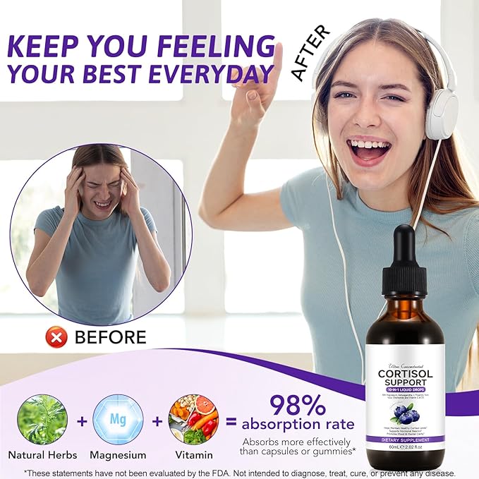 Cortisol Supplements for Women & Men, 10 in 1 Hormone Balance for Women Men with Ashwagandha, L-theanine, Hormone Balance Liquid Drops, Hormone Balanced for Women, Recess Mood Focus, Blueberry Flavor