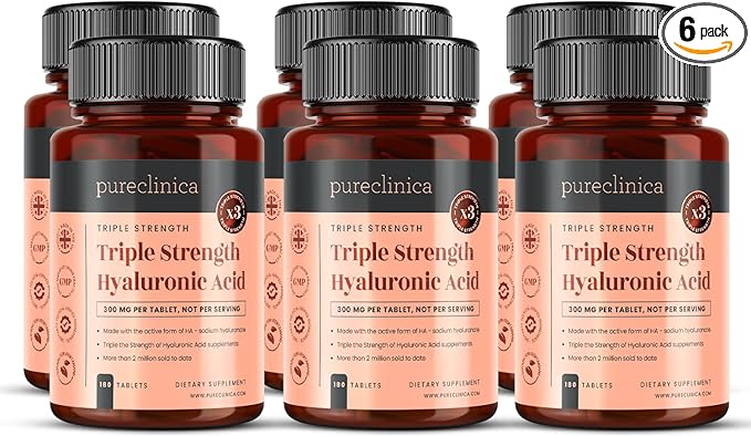 pureclinica Hyaluronic Acid 300mg x 1080 Tablets (6 Bottles of 180 Tablets - 3 Years Supply). Triple Strength Hyaluronic Acid. 300% Stronger Than Any Other HLA Tablet