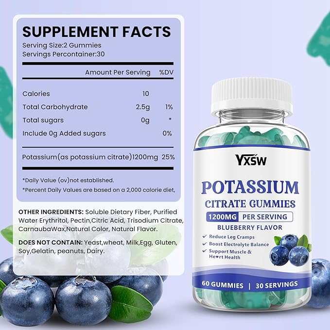 Potassium Citrate 1200mg Gummies for Adults Women & Men, Chewable Potassium Supplement for Muscle Health & Electrolyte Support, Sugar Free, Blueberry Flavor, 60 Count