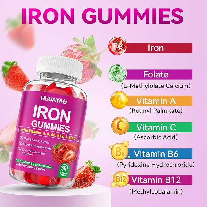 Iron Supplement Gummies for Women & Men, Vegan Iron Gummies with Vitamin C, A, B-Complex, Folate, Zinc for Blood Building & Energy Support, Strawberry Flavor, 60 Count