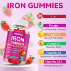 Iron Supplement Gummies for Women & Men, Vegan Iron Gummies with Vitamin C, A, B-Complex, Folate, Zinc for Blood Building & Energy Support, Strawberry Flavor, 120 Count