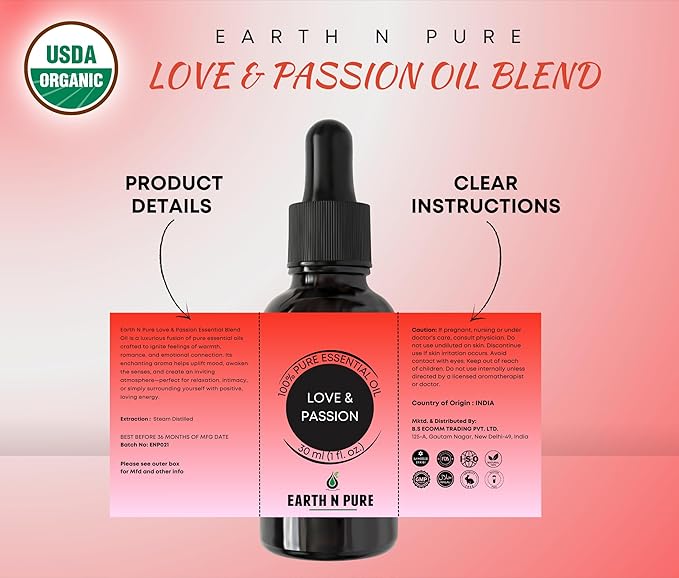 Earth N Pure Essential Oil Blend for Love & Passion | 15 ml | 100% Pure Therapeutic Grade Blend | for Romance, Positivity, Relaxation, Diffuser, Bath & Massage