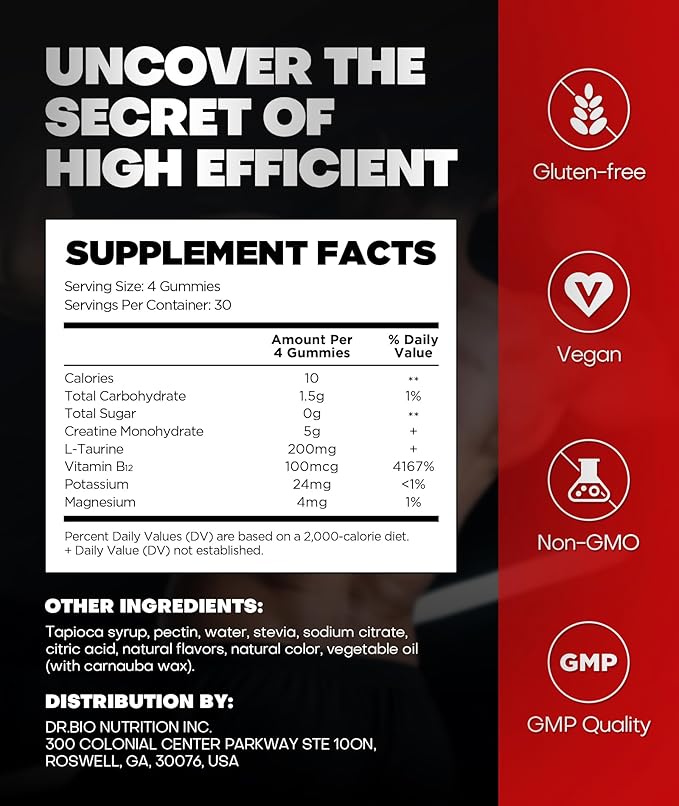 Instant Boost Creatine Monohydrate Gummies, Complex Creatine with Real 5000mg Creatine, L-Taurine, B12, Mg & K, Pre-Workout Creatine for Women & Men to Support Energy, Muscle, Recovery, 0 Sugar, Vegan