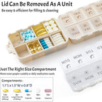 Foldable & Portable Pill Organizer 2 Times A Day with Extra Compartments - Etched Labels - Weekly 7 Day AM PM Medicine Box, Week Daily Travel Pill Case Holder Dispenser for Vitamin, Supplement - Khaki
