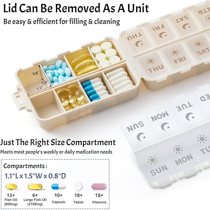 Foldable & Portable Pill Organizer 2 Times A Day with Extra Compartments - Etched Labels - Weekly 7 Day AM PM Medicine Box, Week Daily Travel Pill Case Holder Dispenser for Vitamin, Supplement - Khaki