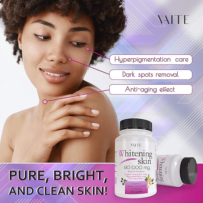 VAITE Glutathione Whitening Pills - Dark Spots & Acne Scar Remover - 90000mg - Vegan Skin Bleaching Pills with Anti-Aging & Antioxidant Effect - 120 Capsules (3 Pack)