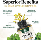 D3 K2 Vitamin - 5000 IU D3 Per Serving - High Potency Vitamin D3 Supplement - Advanced 2-in-1 Complex Vitamin D & Vitamin K2 (MK7) - Easy to Swallow, Bone & Immune Support - USA Bottled - 120 Softgels