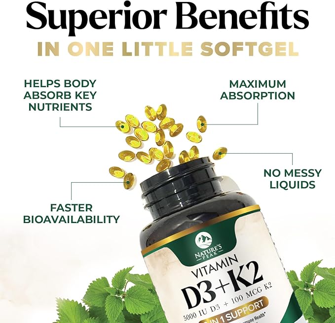 D3 K2 Vitamin - 5000 IU D3 Per Serving - High Potency Vitamin D3 Supplement - Advanced 2-in-1 Complex Vitamin D & Vitamin K2 (MK7) - Easy to Swallow, Bone & Immune Support - USA Bottled - 120 Softgels