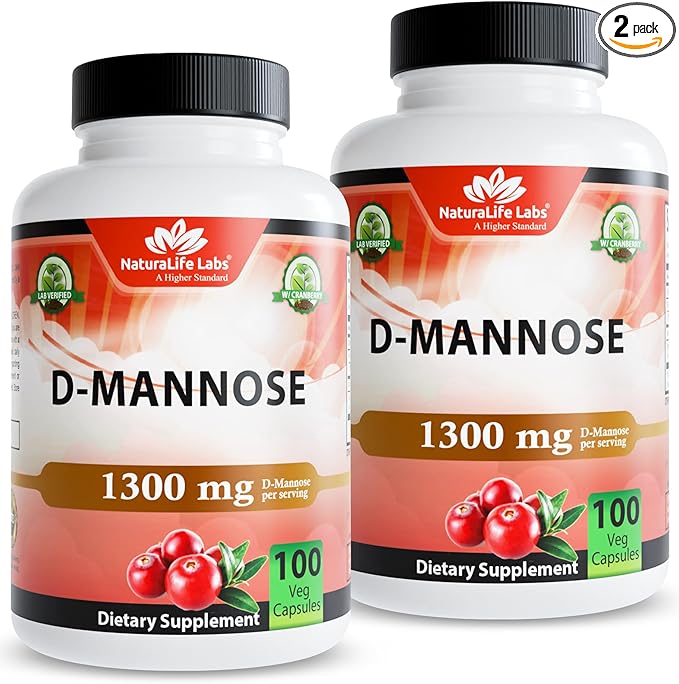 NaturaLife Labs Organic D-Mannose 1300 mg with Organic Cranberry Extract 100 mg per Serving – 100 Capsules – Non-GMO, Gluten-Free, Vegan (2 Pack)