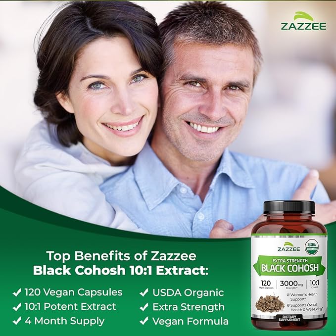 Zazzee USDA Organic Black Cohosh 10:1 Extract, 120 Vegan Capsules, 4 Month Supply, Actaea Racemosa, Women’s Health & Hormonal Balance Support, All-Natural, Non-GMO, Made in the USA