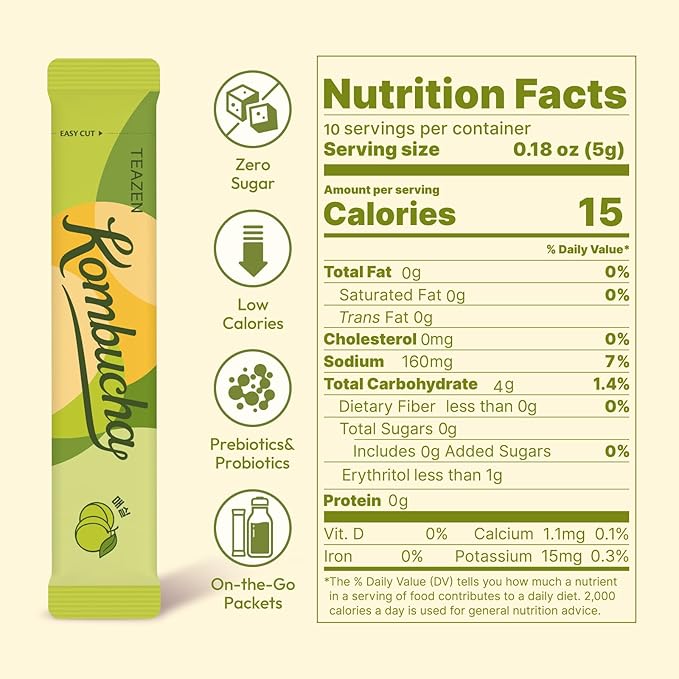 TEAZEN Kombucha Powder, Korean Plum Flavor, Zero Sugar, Sparkling Fermented Powdered Mix Beverage from Korea, Live Probiotics & Prebiotics, On-the-Go 10 Packets, 1.76oz