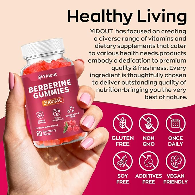Berberine Gummies 2000mg-Natural High Potency Berberine HCL Supplement - Immune System & Metabolism Support - Vegan, Non-GMO - Delicious Raspberry Flavor (60 Count（Pack of 1）)