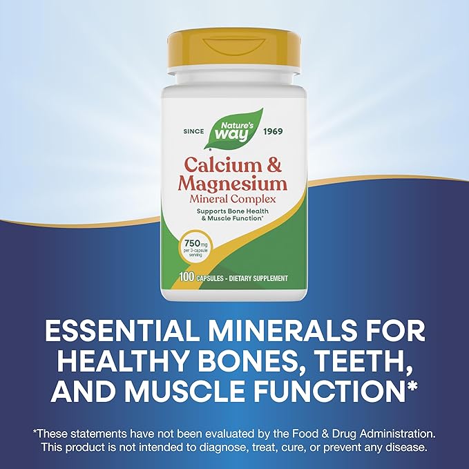 Nature's Way Calcium & Magnesium Mineral Complex, Supports Bone Health & Muscle Function,* 750 mg per 3-Capsule Serving, 100 Capsules (Packaging May Vary)