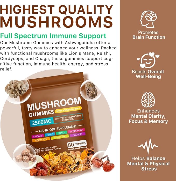 Mushroom Gummies for Adults,10x Mushroom Supplement,Energy, Focus, Mood & Cognitive Support,Vegan, Immune, Brain Support & Chill Mushroom Complex Gummy,80 Gummies