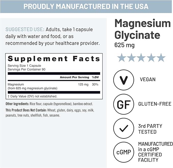 NatureWise Magnesium Glycinate 625 mg - High Absorption Chelated Magnesium Glycinate for Sleep, Relaxation, Muscle & Bones* - Gentle on Stomach, Vegan, Non-GMO - 90 Capsules[90-Day Supply]