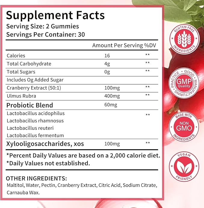 Women Probiotic Gummies for Feminine Health, Supports pH Balance, Vaginal Health, Odor Control & Yeast Balance, Digestive & Immune Support, Sugar Free Cranberry Flavor, 60 Count (Pack of 2)
