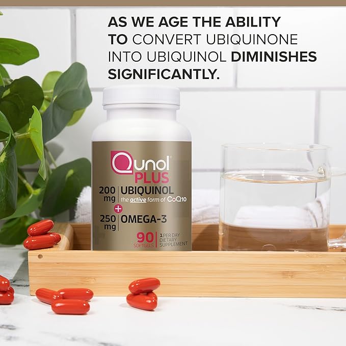 Qunol Plus Ubiquinol Coq10 200mg with Omega 3 250mg Extra Strength Antioxidant (Bovine Version), 90 Count