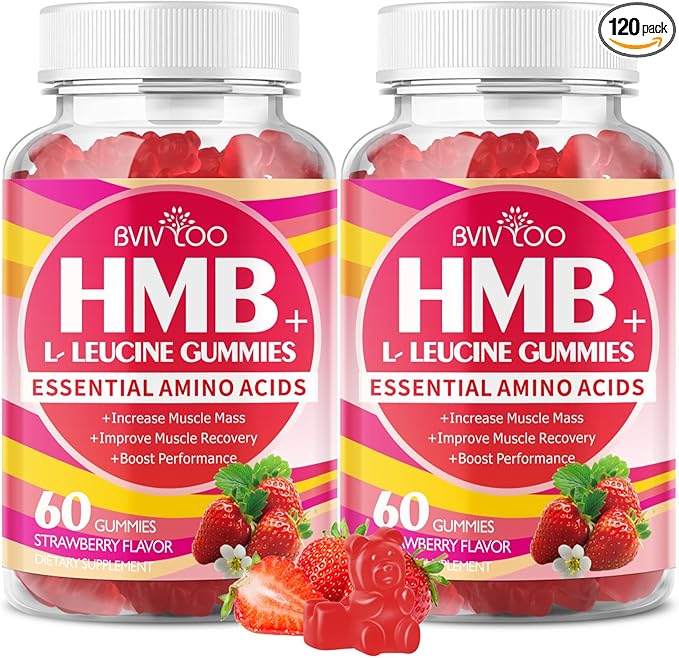 HMB and L-Leucine Gummies - 3000mg Combined HMB & L-Leucine per Serving. for Muscle Growth, Muscle Relief & Fast Recovery. Sugar-Free, Strawberry, 120 Gummies