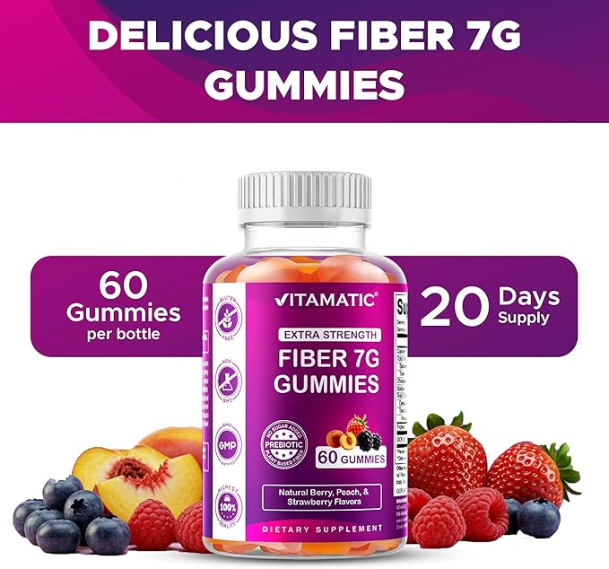 Vitamatic Prebiotic Fiber Gummies for Adults – 4 Pack (Total 120 Gummies) 7g Fiber per Serving | Extra Strength | Zero Sugar Added | Pectin-Based | Digestive Health & Regularity Support