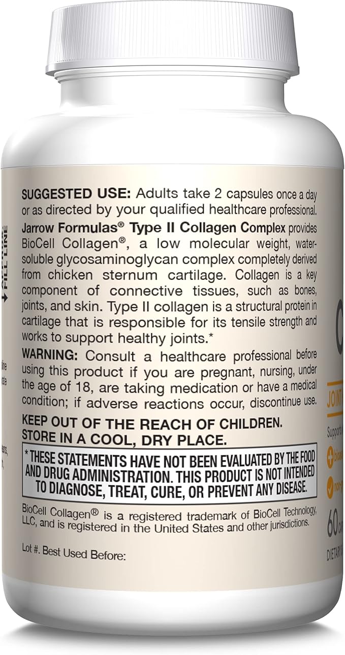 Jarrow Formulas® Type II Collagen Complex 1000 mg Supplements, Supports Skin and Joint Health, 60 Capsules, 30 Day Supply