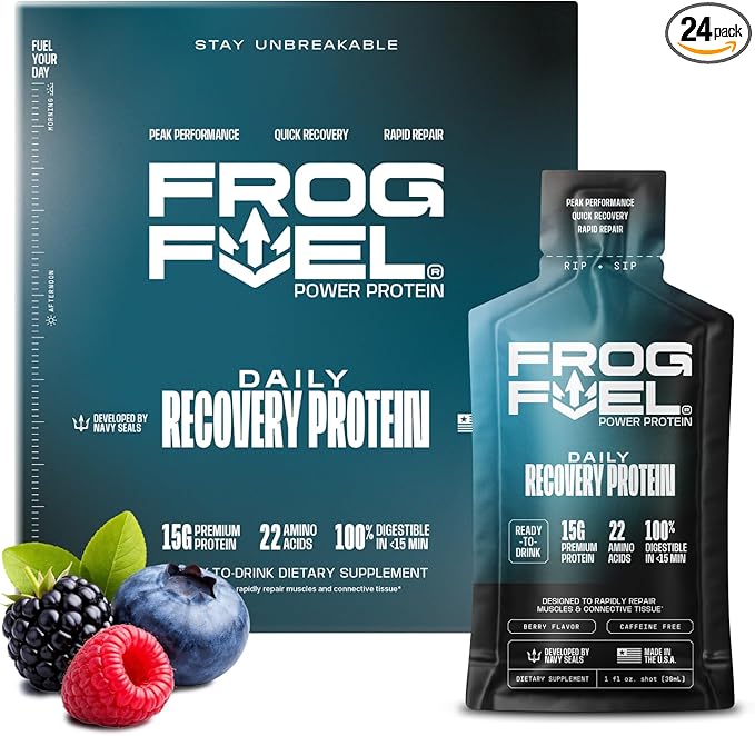 Frog Fuel Power Regular Protein Shot, 15g Protein Nano-Hydrolyzed Grass Fed Collagen, Post Workout, Gluten Free, Fat & Sugar Free, 22 Amino Acids, 0 Carbs, Berry, 1 oz Packets, 24 Pack