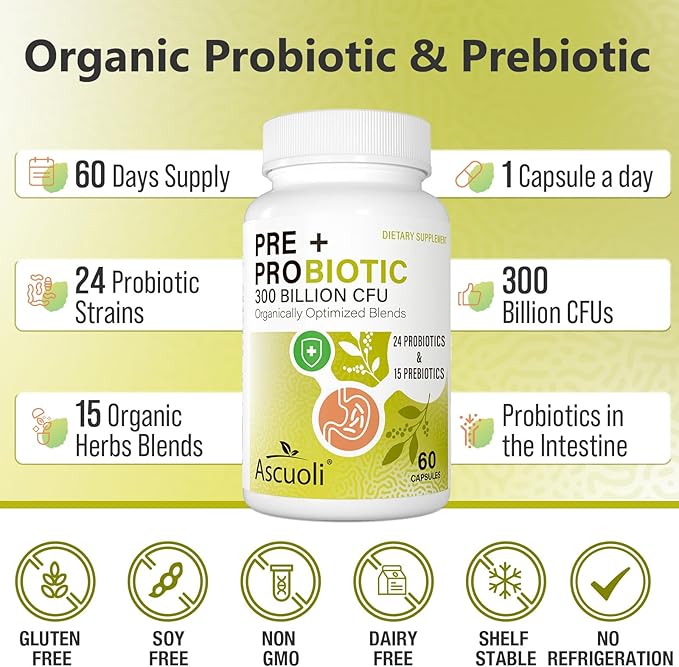 Probiotics for Women & Men - 300 Billion CFU, 24 Strains + 15 Organic Herbs Prebiotics Blend, Daily Probiotic for Digestive Health, Immune, Gut, Bloating - 240 Vegetarian Capsule (240-Days Supply)